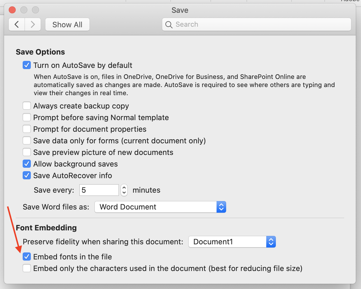 Embedding Fonts Settings